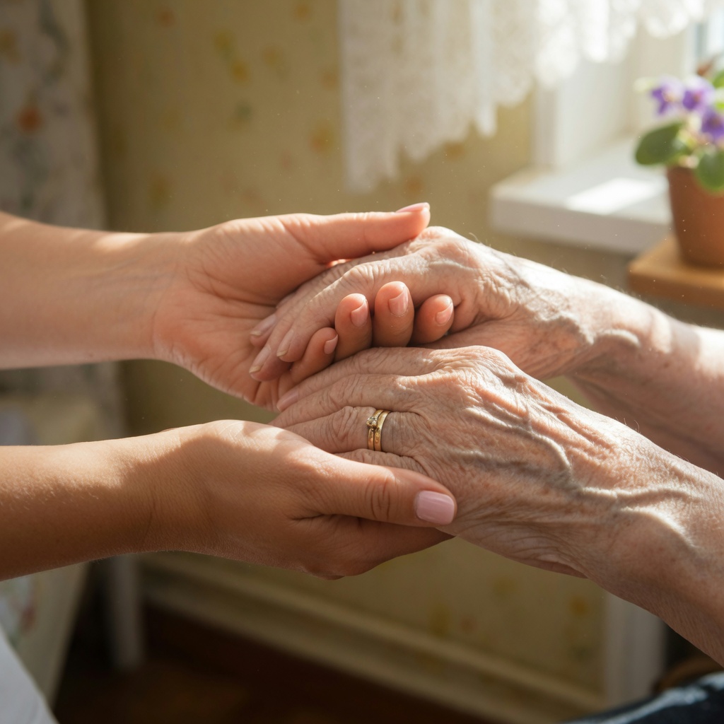 A caregiver holding a client’s hand
