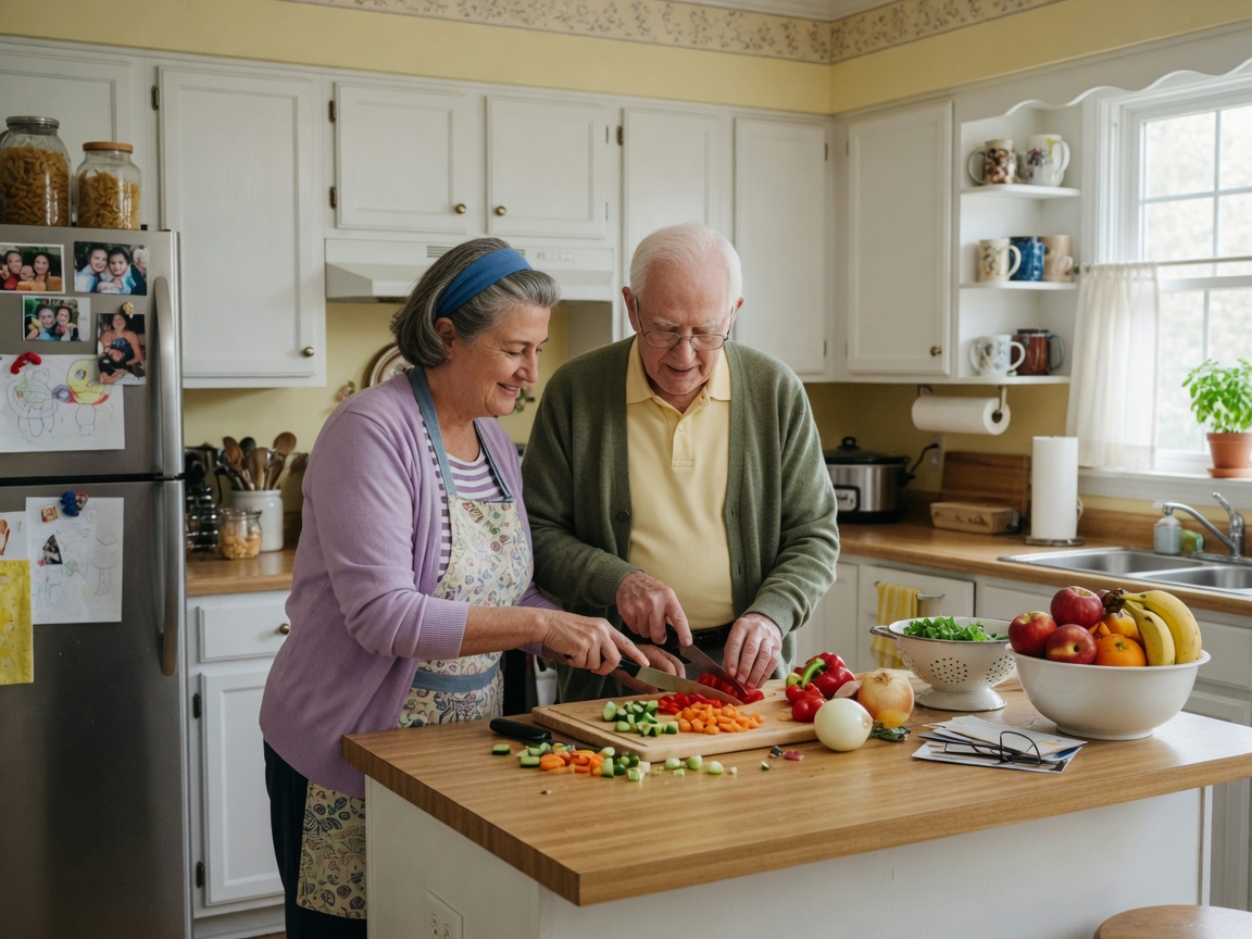 Caregiver and client together in a home kitchen