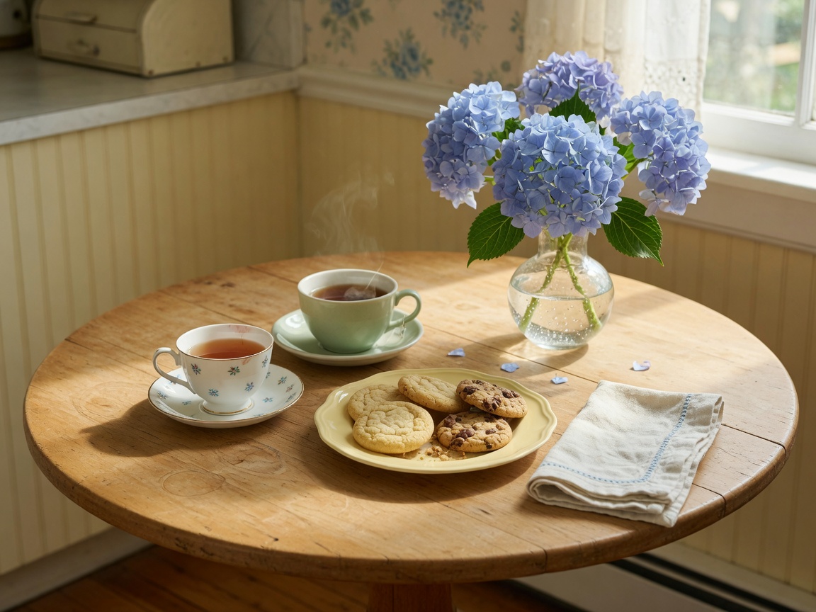 A quiet table at home with tea and hydrangeas